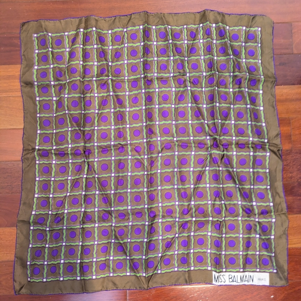 Vintage Balmain Purple and Green Patterned Silk Scarf - Picture 2 of 3